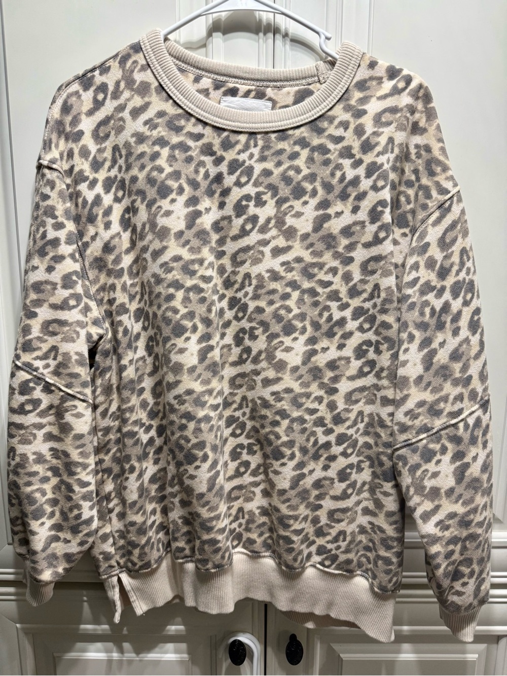 aerie Neutral Leopard Print Crewneck Fleece Sweatshirt